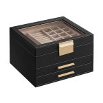 Sieradendoos, sieradendoos 3 niveaus, juwelenbox met glazen deksel, 2 laden, sieradenopslag, opslag, modern, cadeau-idee, 20,3 x 23 x 13,5 cm, grafietzwart-goud