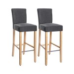Barstool set van 2, gestoffeerde barkruk met rugleuning, imitatie linnen, stoelhoogte 76 cm, massieve houten benen, met voetsteun, donkergrijze en natuurlijke kleuren,