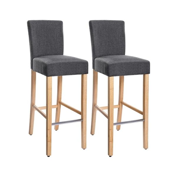 Barstool set van 2, gestoffeerde barkruk met rugleuning, imitatie linnen, stoelhoogte 76 cm, massieve houten benen, met voetsteun, donkergrijze en natuurlijke kleuren,
