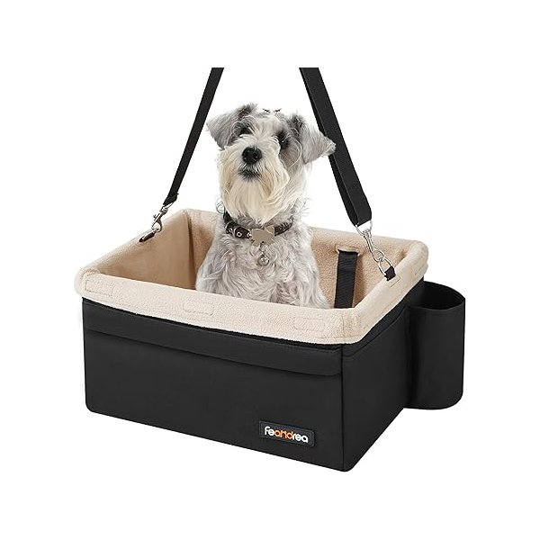 Hondenstoelzitje, booster stoel voor kleine honden tot 18 pond, met verstelbare riemen, afneembare wasbare fleece voering, 4 zakken, voor voorstoelen, achterstoelen, zwart en beige
