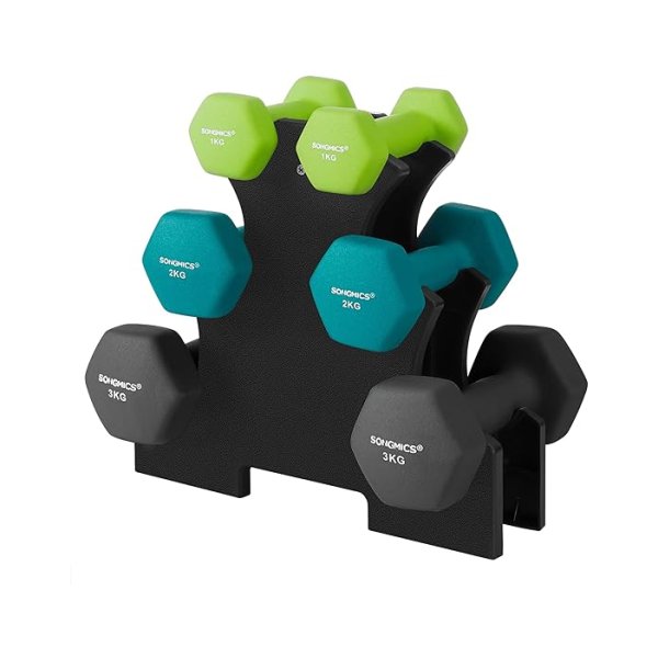 Hex Dumbbells ingesteld met standaard - 2 x 1 kg, 2 x 2 kg, 2 x 3 kg, neopreen matte afwerking, handgewichten voor woningoefening
