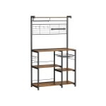Keukenplank, staande plank, keukenwerkplaat, keukeneiland met magnetische strip voor messen, draadmand, keukenrolhouder, 12 haken, vintage bruin-zwarte
