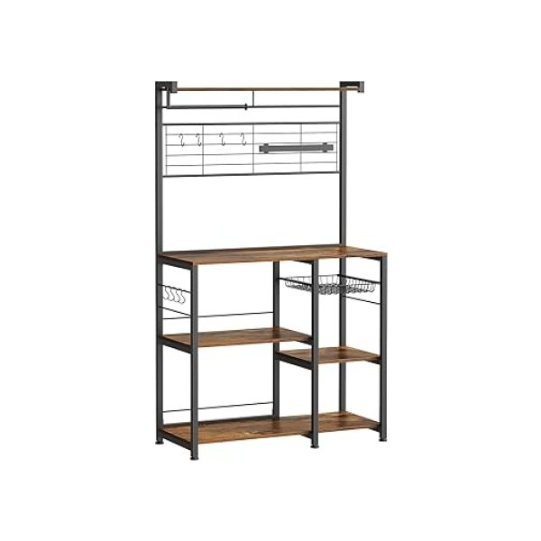 Keukenplank, staande plank, keukenwerkplaat, keukeneiland met magnetische strip voor messen, draadmand, keukenrolhouder, 12 haken, vintage bruin-zwarte