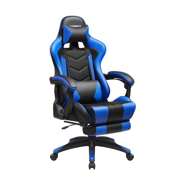 Gamingstoel, ergonomische bureaustoel, bureaustoel, uittrekbare voetensteun, 90 ° - 135° hellingshoek, belastbaar tot 150 kg, zwart-blauw