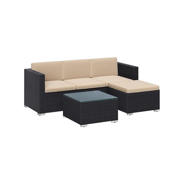 GGF005B03 Tuinmeubelset, polyrotan loungeset, balkonmeubels, tuinlounge, met kussen en glazen tafel, terrasmeubels, hoekbank, outdoor, voor terras, balkon, tuin, zwart-taupe
