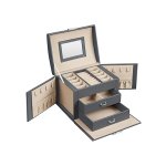 Sieradendoosje 3 niveaus, sieradendoos met handvat, 2 laden, sieradendoos met spiegel, slot, sieradenopslag voor reizen, modern, cadeau-idee, leigrijs