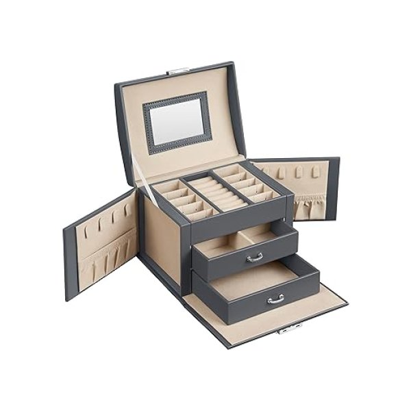 Sieradendoosje 3 niveaus, sieradendoos met handvat, 2 laden, sieradendoos met spiegel, slot, sieradenopslag voor reizen, modern, cadeau-idee, leigrijs