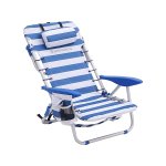 Strandstoel met kussen, aluminium, draagbare vouwstoel, kampeerstoel, opvouwbaar en verstelbaar, zoals een rugzak draagbaar, buitenstoel, blauw en wit gestreepte