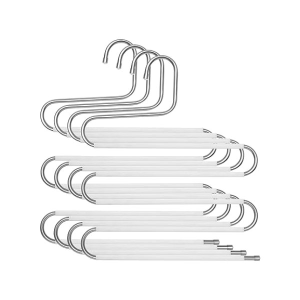 Trouser Hangers, set van 4 Space Saving 5 Layer Metal Pants hangers, S-type niet-slip hangers voor jeans, sjaals, handdoeken, stropdassen, zilveren en witte