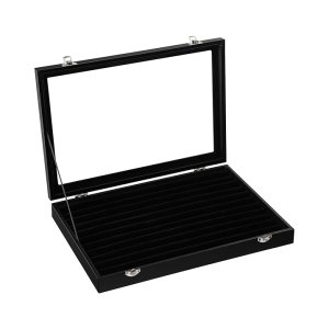 Sieradendoos met glazen deksel, voor ringen, oorbellen, manchetknopen, ringopslagkist voor maximaal 100 ringen vitrine Black