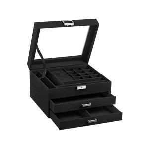 Sieradendoos, juwelendoos met 3 niveaus, fluweel, met glazen deksel, verschillende compartimenten voor halskettingen, armbanden, ringen, met slot en sleutel, zwart