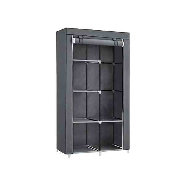 Stoffenkast, garderobe, 2 kledingrails, 6 planken, verschillende montageopties, 88 x 45 x 168 cm voor slaapkamer, kleedkamer, grijze ryg84g