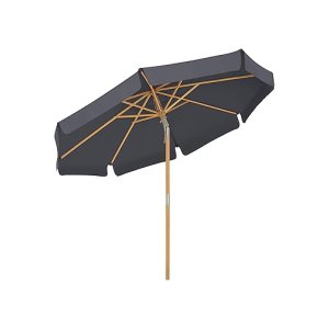 Parasol 270 cm, achthoekige tuinscherm, zonwering, parasolmast en parasolribben van hout, knikbaar, zonder standaard, outdoor, balkon, terras, grijs