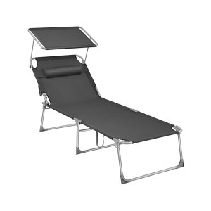 Ligstoel, zonnebank, grote liggende zonnestoel, 71 x 200 x 38 cm, laadcapaciteit 150 kg, met hoofdsteun, liggende rugleuning, zonnescherm, opvouwbaar, voor tuin, rokerig grijs
