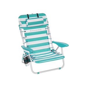 Strandstoel, vouwkampeerstoel, draagbare buitenstoel, dragen als rugzak, met verstelbare rugleuning, hoofdsteun, armleuning, 2 zijzakken, groene en witte