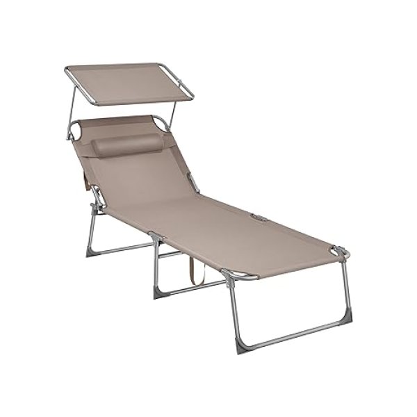 Ligstoel, zonnebank, grote liggende zonnestoel, 71 x 200 x 38 cm, laadcapaciteit 150 kg, met hoofdsteun, ligsteun, zonnescherm, opvouwbaar, voor tuin, taupe kleur