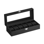 Bekijk doos met 6 slots, horloge met glazen deksel, horlogebox met verwijderbare horlogekussentjes, metalen sluiting, cadeau -idee, zwart synthetisch leer, zwarte voering JWB06B01, metalen plastic