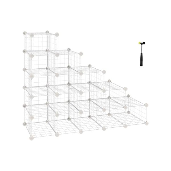 Boltless plank, 15 kubus metaaldraadopslagsysteem, modulair schoenrek, planksysteem, schoenopslagsysteem, incl.Rubberen hamer en anti-tipping lade, wit,