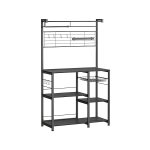 Keukenrek, staande rek, keukenwerkplaat, keukeneiland met een magnetische strip voor messen, draadmand, keukenrolhouder, 12 haken, ebbenhouten kleuren-zwarte