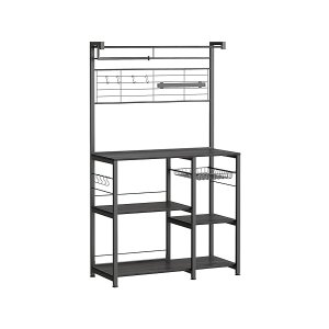 Keukenrek, staande rek, keukenwerkplaat, keukeneiland met een magnetische strip voor messen, draadmand, keukenrolhouder, 12 haken, ebbenhouten kleuren-zwarte