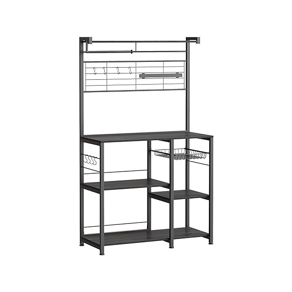 Keukenrek, staande rek, keukenwerkplaat, keukeneiland met een magnetische strip voor messen, draadmand, keukenrolhouder, 12 haken, ebbenhouten kleuren-zwarte