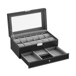 Watchbox, horlogebox, glazen deksel, 2 niveaus, 12 horloges, afsluitbare, 1 lade, ringen, armbanden, zwarte coating en grijze voering