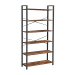 Boekenkast 6 niveaus, staand rek met stalen frame, vrijstaand rek voor woonkamer, slaapkamer, werkkamer, 30 x 80 x 186 cm, industrieel design, vintabruin-zwart