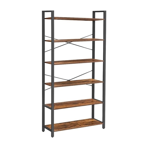 Boekenkast 6 niveaus, staand rek met stalen frame, vrijstaand rek voor woonkamer, slaapkamer, werkkamer, 30 x 80 x 186 cm, industrieel design, vintabruin-zwart