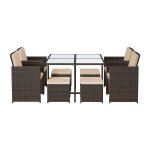 Tuinmeubelset polyrotan lounge, eetkamermeubels, eettafel en stoelen, set van 9, van PE-rotan, terrasmeubels, salontafel met glazen oppervlak, met kussens, ruimtebesparend, bruin-beige GGF009K02