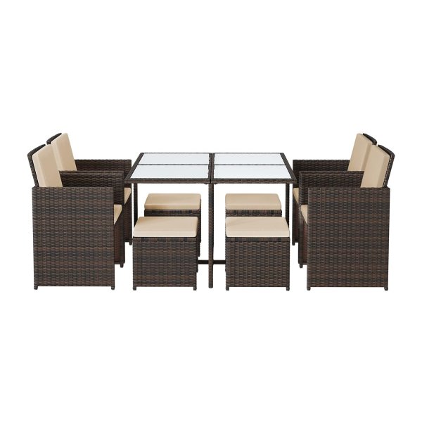 Tuinmeubelset polyrotan lounge, eetkamermeubels, eettafel en stoelen, set van 9, van PE-rotan, terrasmeubels, salontafel met glazen oppervlak, met kussens, ruimtebesparend, bruin-beige GGF009K02