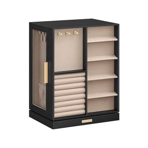 Sieradendoos 360 ° roteerbaar, sieradendoos 5 laden, zijglazen ramen, ruime, verticale sieradenopslag, open ontwerp, cadeau -idee, Graphite Black