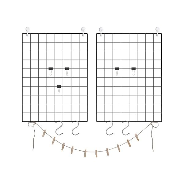 Set van 2 ijzeren rooster Fotomuur Zwart Scandinavian DIY Decoratie, Memo Notes ansichtkaart Hangende fotorecorder, met hamer, S-Hanger, Small Clips Clips, Hemp Rope, LPP01H