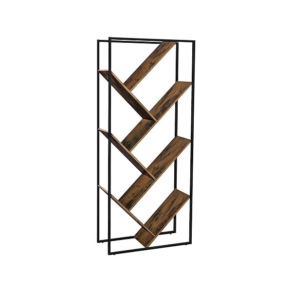 Boekenkast, woonkamerplank, boomvorm, asymmetrische staande plank in industrieel ontwerp, ladderkast, kamerverdeler, schuine, gemakkelijke montage, 179,5 cm hoog, ijzer, vintage