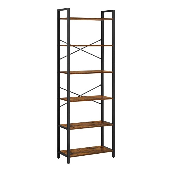 Boekenkast 6 niveaus, staand rek met stalen frame, vrijstaand rek voor woonkamer, slaapkamer, werkkamer, 30 x 66 x 186 cm, industrieel design, vintabruin-zwart LLS062B01