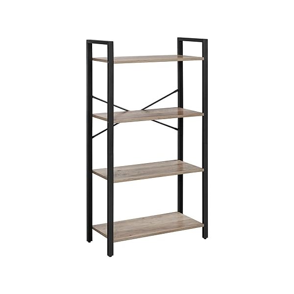 Boekenkast met 4 niveaus, opbergrek, stalen frame, hoogte 120 cm, voor woonkamer, kantoor, werkkamer en hal, industrieel design, Greige-zwart