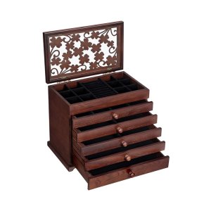 Houten sieradendoos met bloemen snijwerk, 6-neder sieradenorganisator met 5 verwijderbare uittrekbare laden, cadeau voor geliefden, donkerbruine