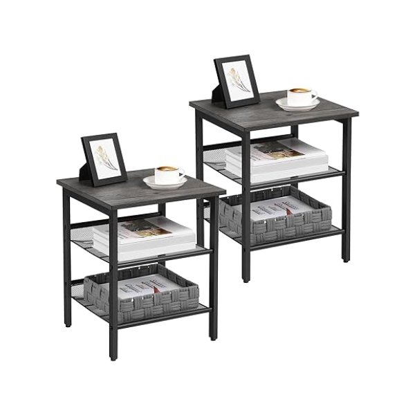 Nachtkast, set van 2 bijzettafels, eindtafels met verstelbare maasplanken, voor woonkamer, slaapkamer, industrieel, stabiel stalen frame, gemakkelijke montage, houtskoolgrijs en zwarte