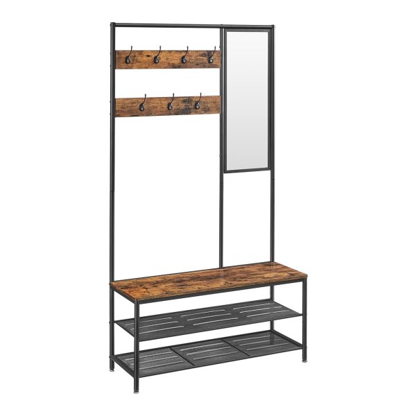 Kledinghanger met schoenopslag, gang kledingrek met spiegel, haken, bank en schoenrekken, 35 x 98 x 180 cm, gang in slaapkamer, industriële stijl, rustiek bruin en zwart