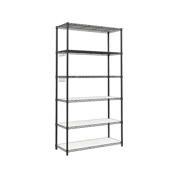 Keukenrek met 6 niveaus, metalen plank, staande plank, verstelbare roosterplank, met PP -plastic panelen, 8 s haken voor keuken, woonkamer, tot 240 kg, ruimtebesparing, zwarte