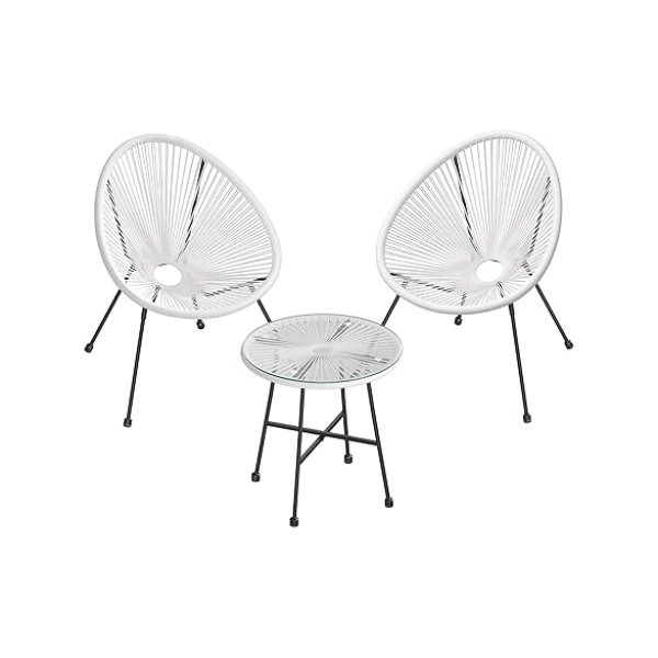 Tuinpatiomeubels set 3 stuks, Acapulco -stoel, zitplaatsen buiten, glazen boventafel en 2 stoelen, binnen- en buitengesprekken, witte