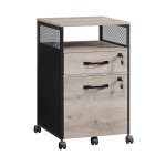 archiefkast, kantoorkast met 2 afsluitbare laden, wielen, open plank, voor hangende mappen, stalen frame, industriële stijl, greige en zwart OFC077B02