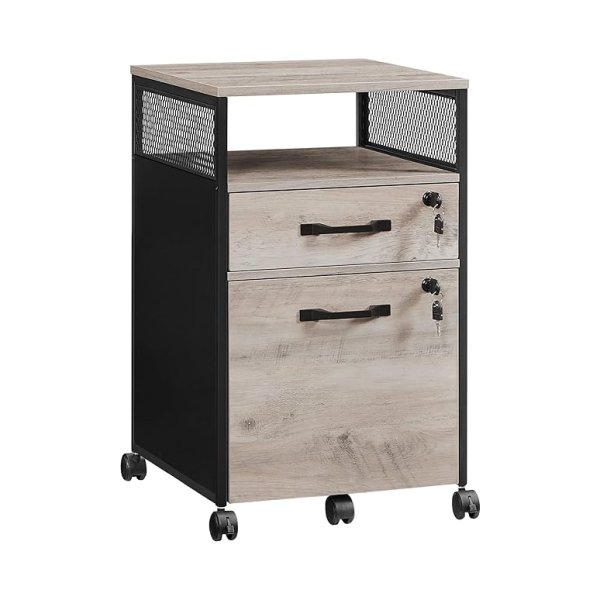 archiefkast, kantoorkast met 2 afsluitbare laden, wielen, open plank, voor hangende mappen, stalen frame, industriële stijl, greige en zwart OFC077B02