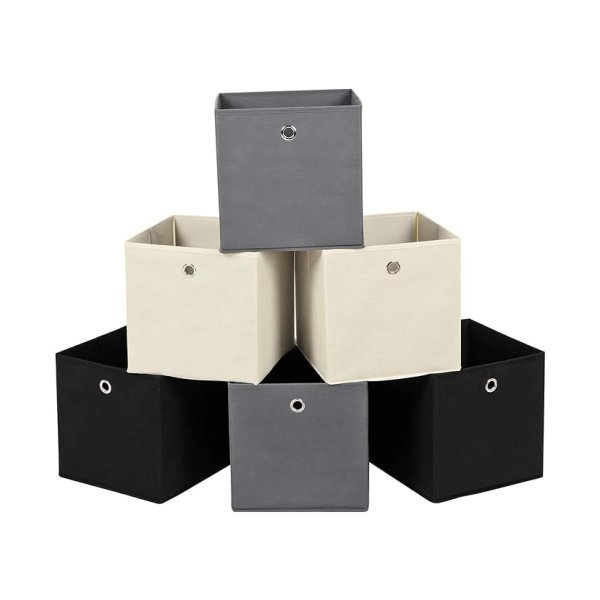 Opbergdoos, set van 6 -opvouwbare stoffen doos, vouwkast gemaakt van fleece stoffen kubus opslagmand Organisator voor speelgoedkleding, 2 grijs, 2 zwart, 2 beige