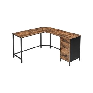 Hoekbureau, L-vormige computerbureau, bureau met kast en lade, studie, ruimtebesparing, eenvoudige montage, metaal, industrieel ontwerp, vintage bruinzwarte LWD74X
