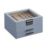 Sieradendoos, 3 -laags sieradendoos, juwelenbox met glazen deksel, 2 laden, sieradenopslag, veel opbergruimte, modern, cadeau voor uw geliefden, gerookte blauw zilver