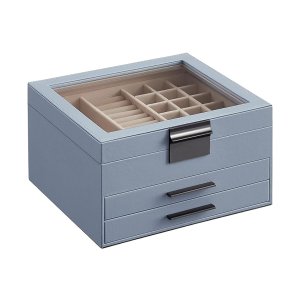 Sieradendoos, 3 -laags sieradendoos, juwelenbox met glazen deksel, 2 laden, sieradenopslag, veel opbergruimte, modern, cadeau voor uw geliefden, gerookte blauw zilver