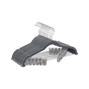 Kleerhangers fluweel, set van 12 stuks, broekhangers, 42,5 cm lang, met verstelbare clips, antislip, ruimtebesparend, voor broeken, mantels, jurken, lichtgrijs