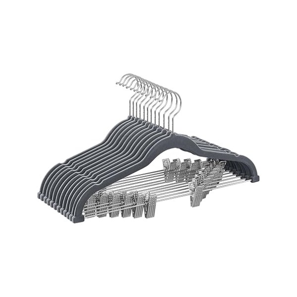 Kleerhangers fluweel, set van 12 stuks, broekhangers, 42,5 cm lang, met verstelbare clips, antislip, ruimtebesparend, voor broeken, mantels, jurken, lichtgrijs