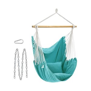 Hangstoel hangende swing hanging stoel met 2 kussens metalen kettingbelasting 150 kg voor binnen- en buiten woonkamer slaapkamer turquoise