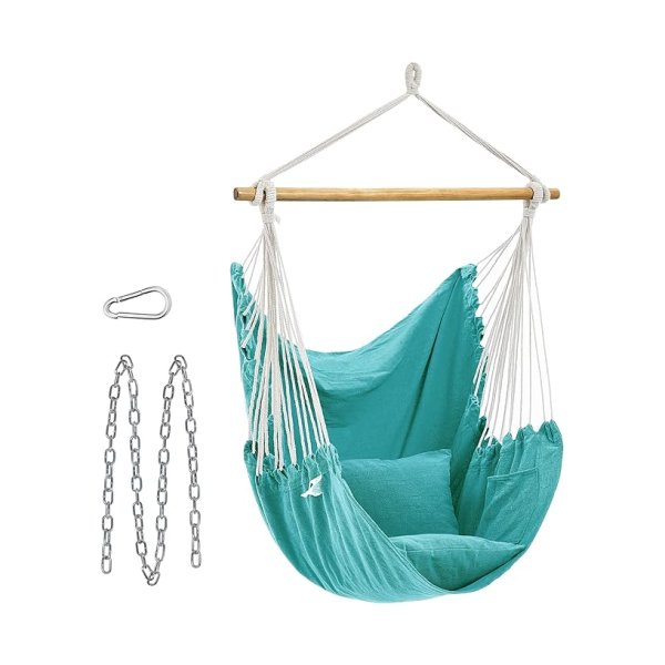 Hangstoel hangende swing hanging stoel met 2 kussens metalen kettingbelasting 150 kg voor binnen- en buiten woonkamer slaapkamer turquoise